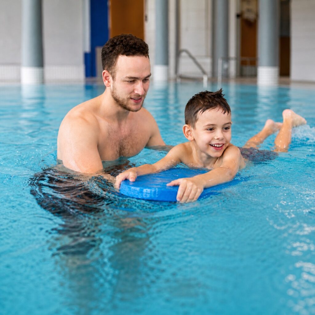 Schwimmkurs in Grunewald – Kind übt mit Schwimmbrett